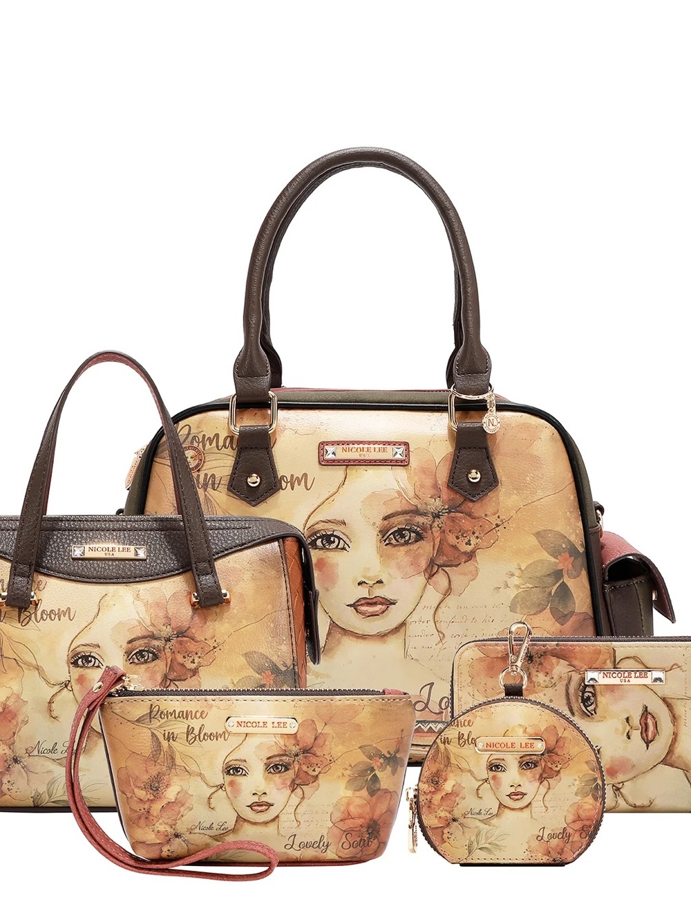 Nicole Lee 5pcs set Floral Portrait Satchel Set with Brown Trim